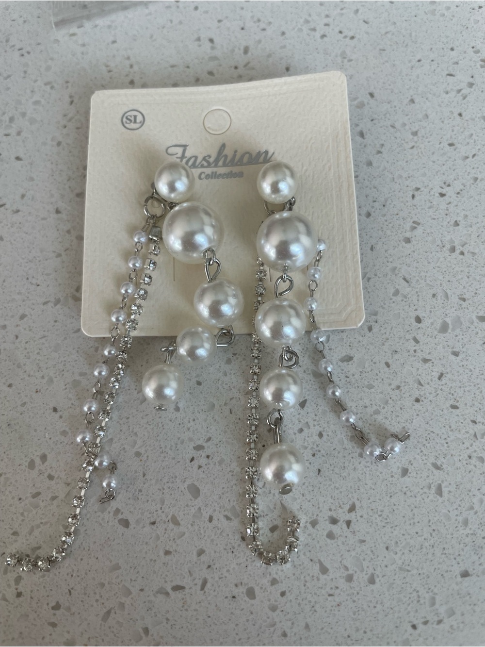 Fashion Collection Faux Pearl Dangle Drop Earrings Rhinestone Chain New with tag